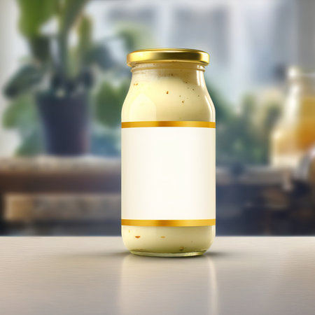 Mayonnaise in glass jar, blank empty generic product packaging mockupの素材