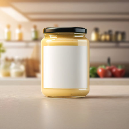 Mayonnaise in glass jar, blank empty generic product packaging mockupの素材