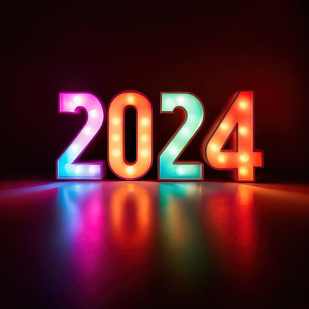 LED bright light display showing new year 2024の素材