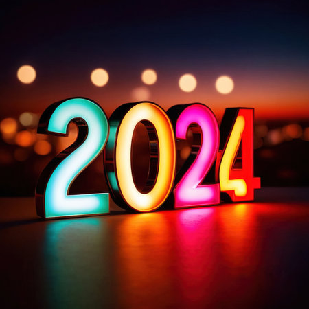 LED bright light display showing new year 2024の素材