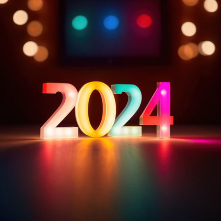 LED bright light display showing new year 2024の素材