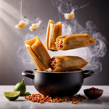 Flying food photography with tamalesの素材