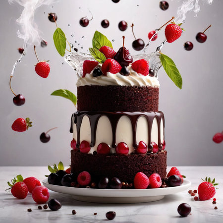 Black Forest cake, chocolate dessert with cream and fruitの素材