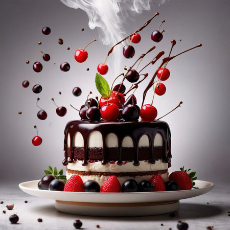 Black Forest cake, chocolate dessert with cream and fruitの素材