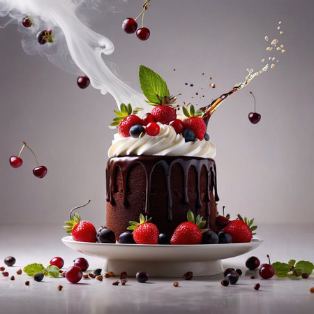 Black Forest cake, chocolate dessert with cream and fruitの素材