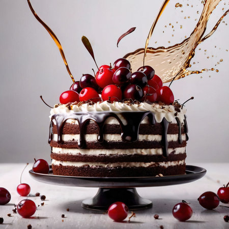 Black Forest cake, chocolate dessert with cream and fruitの素材