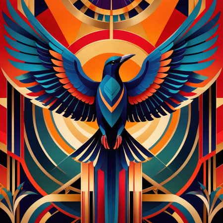 Flying birds in flight, elegant retro vintage art deco style illustrationの素材