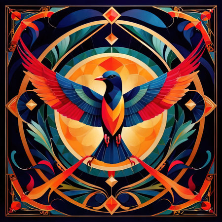 Flying birds in flight, elegant retro vintage art deco style illustrationの素材