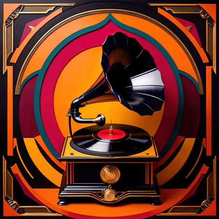 Vintage gramophone, old music record player, retro art deco style illustrationの素材