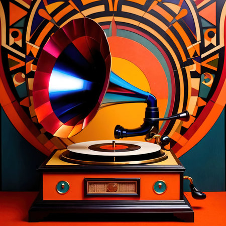 Vintage gramophone, old music record player, retro art deco style illustrationの素材