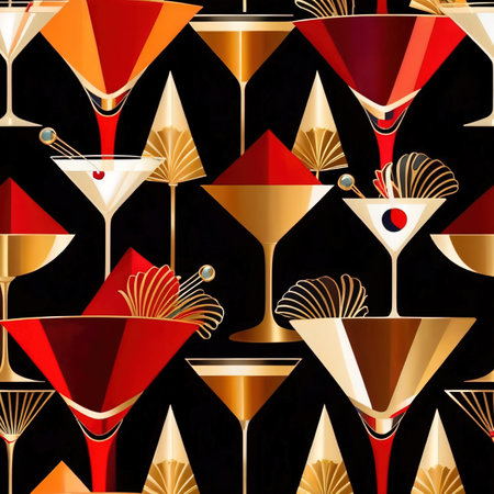 Martini cocktails, alcoholic drinks retro vintage elegant art deco style illustrationの素材