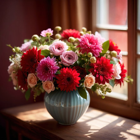 Beautiful colorful flowers in vase  to celebrate romance, love and Valentine's day