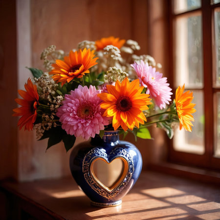 Beautiful colorful flowers in vase  to celebrate romance, love and Valentine's dayの素材