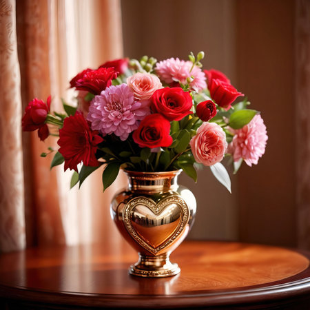 Beautiful colorful flowers in vase  to celebrate romance, love and Valentine's dayの素材