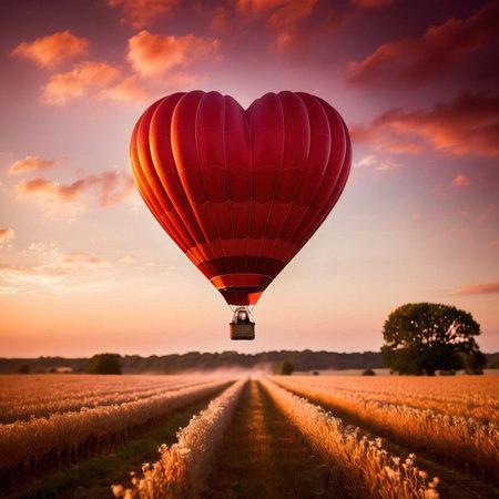 Heart shaped hot air balloon, symbolizing soaring flying love and romance to celebrate Valentine's Dayの素材