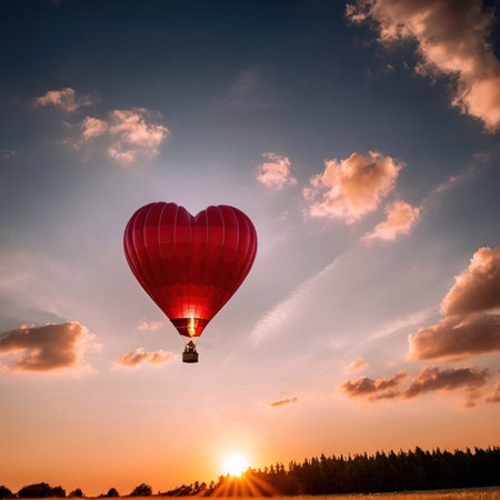 Heart shaped hot air balloon, symbolizing soaring flying love and romance to celebrate Valentine's Dayの素材