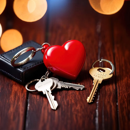 Heart shaped keychain with keys, symbolizing unlocking of love and romance to celebrate Valentine's Dayの素材