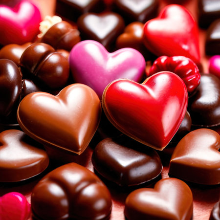 Heart shaped chocolates, a sweet treat to celebrate romance, love and Valentine's dayの素材