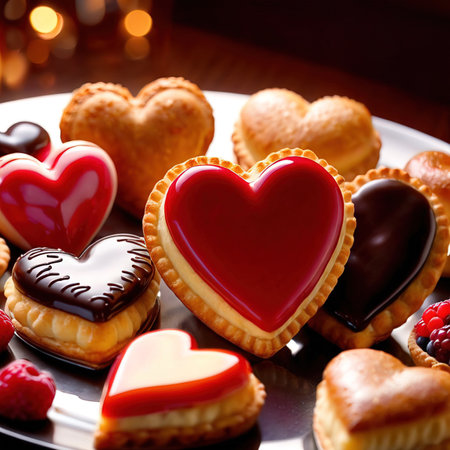 Assorted variety of heart shaped pastries, a sweet treat to celebrate romance, love and Valentine's dayの素材