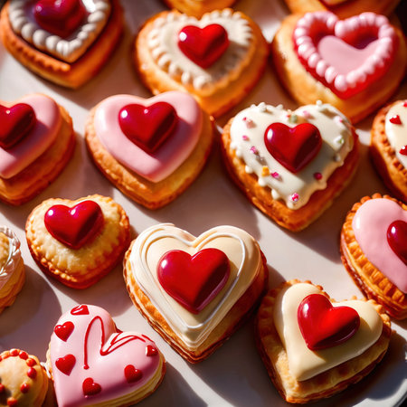 Assorted variety of heart shaped pastries, a sweet treat to celebrate romance, love and Valentine's dayの素材