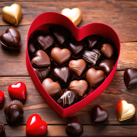 Heart shaped box of chocolates, a variety sweet treat to celebrate romance, love and Valentine's dayの素材