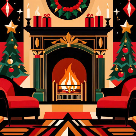Retro vintage fireplace, warm hearth in home, art deco style illustrationの素材
