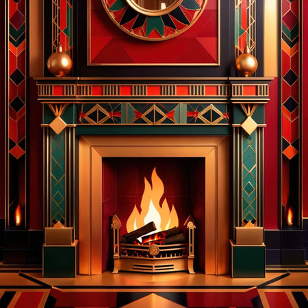 Retro vintage fireplace, warm hearth in home, art deco style illustrationの素材
