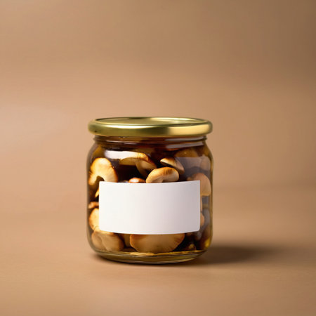 Glass jar of mushrooms, empty blank generic product packaging mockupの素材