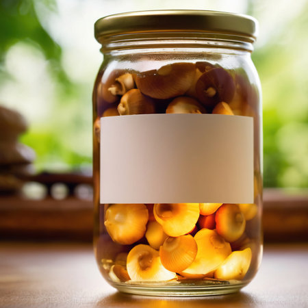 Glass jar of mushrooms, empty blank generic product packaging mockupの素材