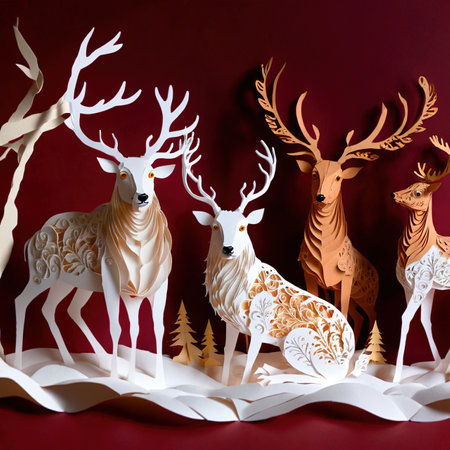 Reindeer, traditional Christmas decoration, paper cutout style illustrationの素材