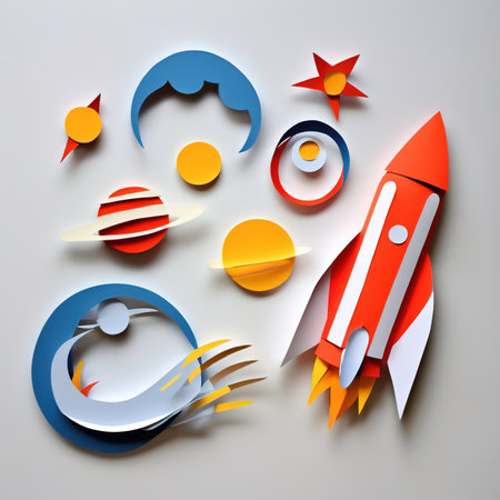 Rockets in space, made of paper, traditional papercut paper crafted handmade decoration children illustrationの素材