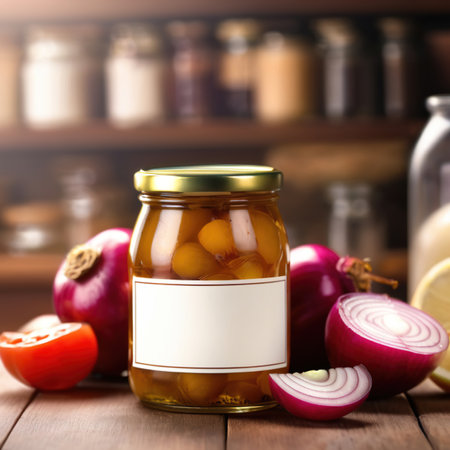 Glass jar of pickled onions, empty blank generic product packaging mockupの素材