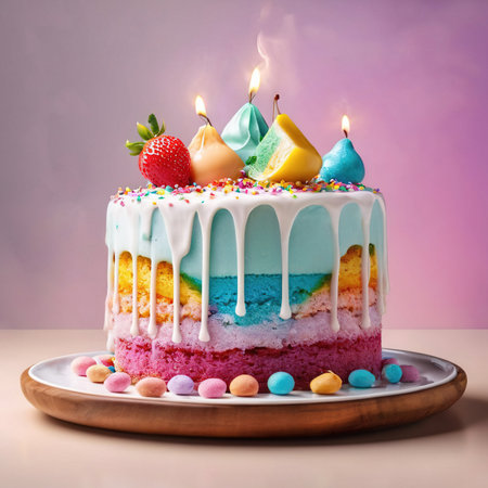 Rainbow cake, colorful multicolored bright dessert, fun for parties and kidsの素材