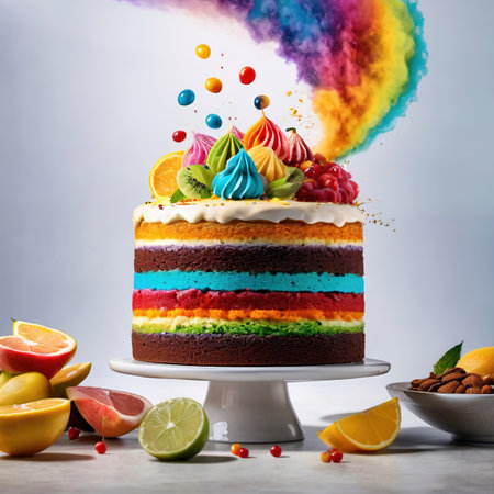 Rainbow cake, colorful multicolored bright dessert, fun for parties and kidsの素材