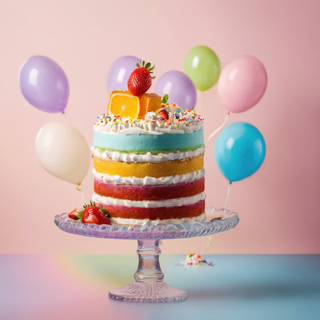 Rainbow cake, colorful multicolored bright dessert, fun for parties and kidsの素材