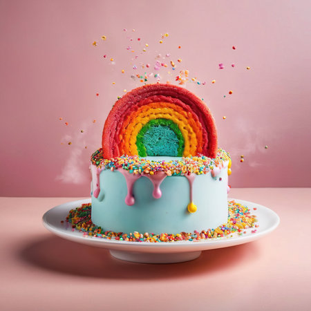 Rainbow cake, colorful multicolored bright dessert, fun for parties and kidsの素材
