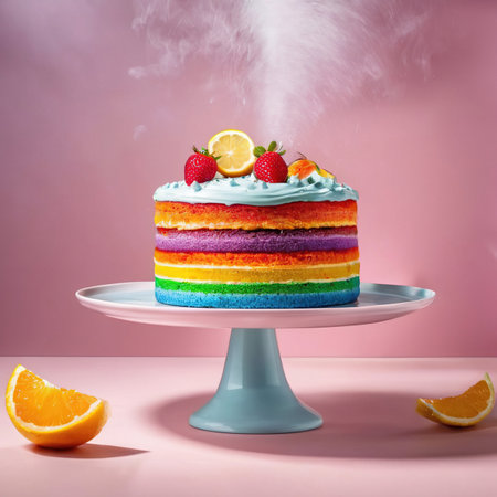 Rainbow cake, colorful multicolored bright dessert, fun for parties and kidsの素材