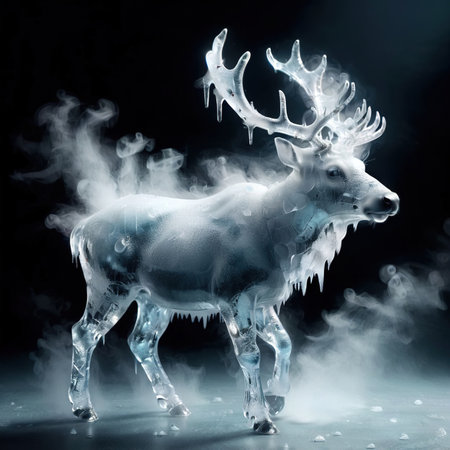 Reindeer, symbol of christmas, frozen and cold, covered with iceの素材