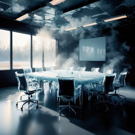 Meeting room, frosty and cold, business stuck, interior, frozen and covered with iceの素材