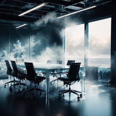 Meeting room, frosty and cold, business stuck, interior, frozen and covered with iceの素材