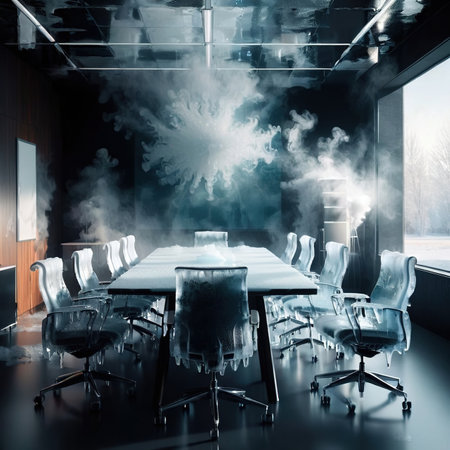 Meeting room, frosty and cold, business stuck, interior, frozen and covered with iceの素材