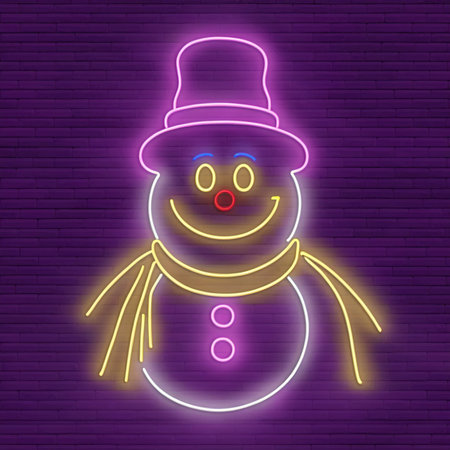 Snowman Christmas seasonal icon, retro neon sign, bright electric light signageの素材