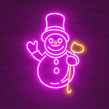 Snowman Christmas seasonal icon, retro neon sign, bright electric light signageの素材