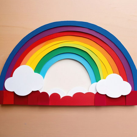 Rainbow made of paper, traditional papercut paper crafted handmade decoration children illustrationの素材