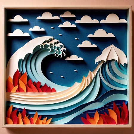 Ocean waves made of paper, traditional papercut paper crafted handmade decoration children illustrationの素材