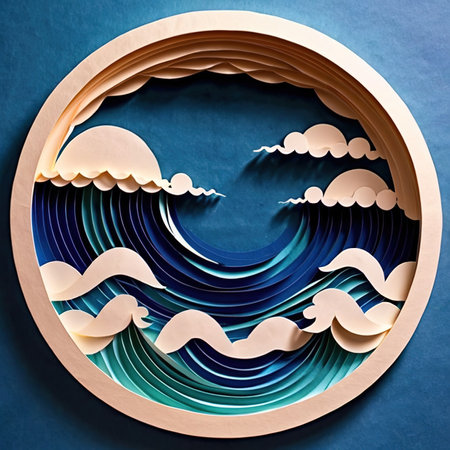 Ocean waves made of paper, traditional papercut paper crafted handmade decoration children illustrationの素材