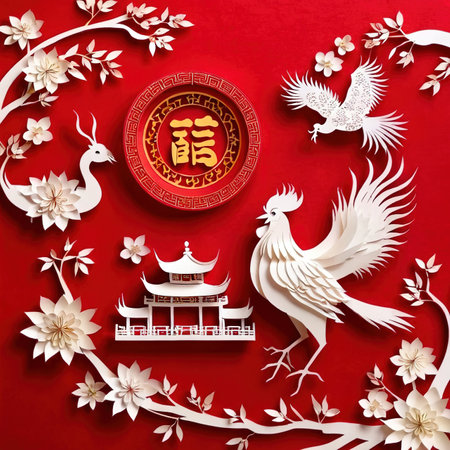 Chinese New Year traditional design made of paper, traditional papercut paper crafted handmade decoration children illustrationの素材