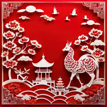 Chinese New Year traditional design made of paper, traditional papercut paper crafted handmade decoration children illustrationの素材