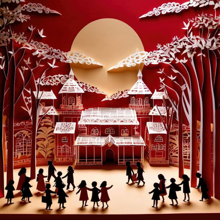 Schoolchildren traditional design made of paper, traditional papercut paper crafted handmade decoration children illustrationの素材