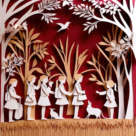 Schoolchildren traditional design made of paper, traditional papercut paper crafted handmade decoration children illustrationの素材